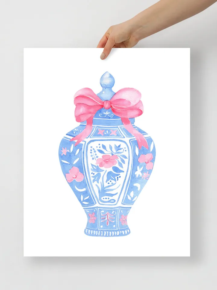 Blue Chinoiserie Vase,Digital Download, Set Of 2, Watercolor Painting With Pink Bow, Pink Ginger Jar, Blue And White Vase