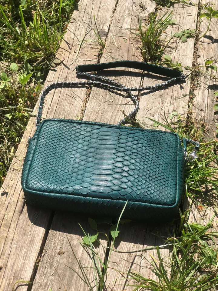 Genuine Python Skin Bag Dark Green Color | Exotic Leather Babs | Snake Skin Bag | Women Classy Elegant  Chain Crossbody Shoulder Purse Green