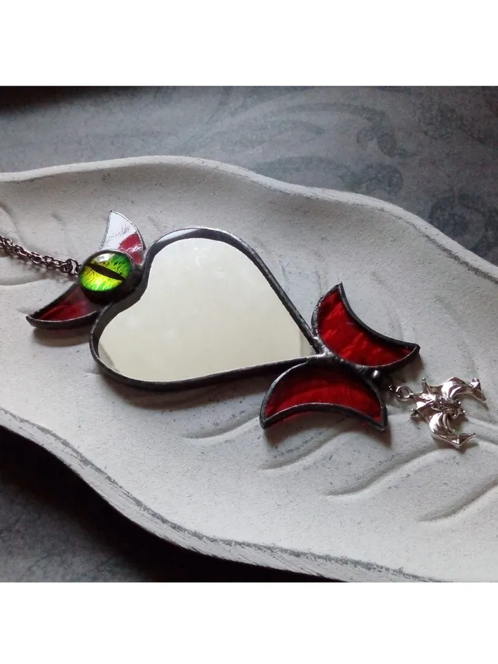 Stained glass scrying mirror necklace, Black goth ornate mirror, Bat mirror, Car hanger, Witch mirror, Heart mirror