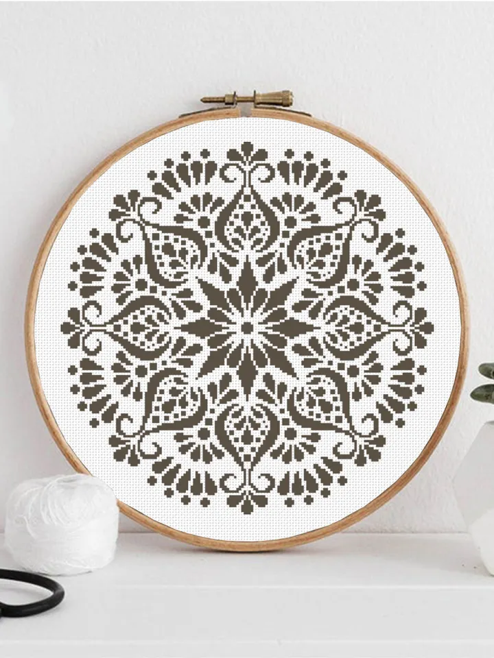 Flower mandala cross stitch pattern download PDF, Monochrome mandala pattern digital PDF, Easy floral ornament cross stitch chart #M109