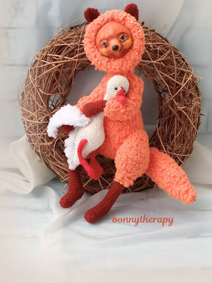 stuffed toy fox 5.9 inches sitting, crocheted cute fox with goose.