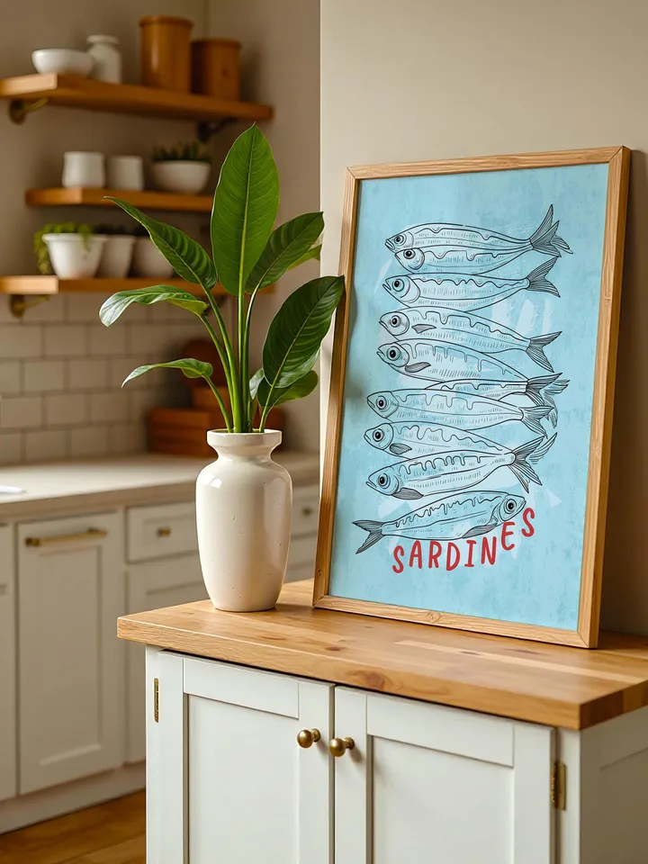 Sardine Wall Art, Sardines Tin Fish Poster, Colorful Kitchen Print, Maximalist Home Decor, Vintage Style Digital Artwork, Retro Sardine Art