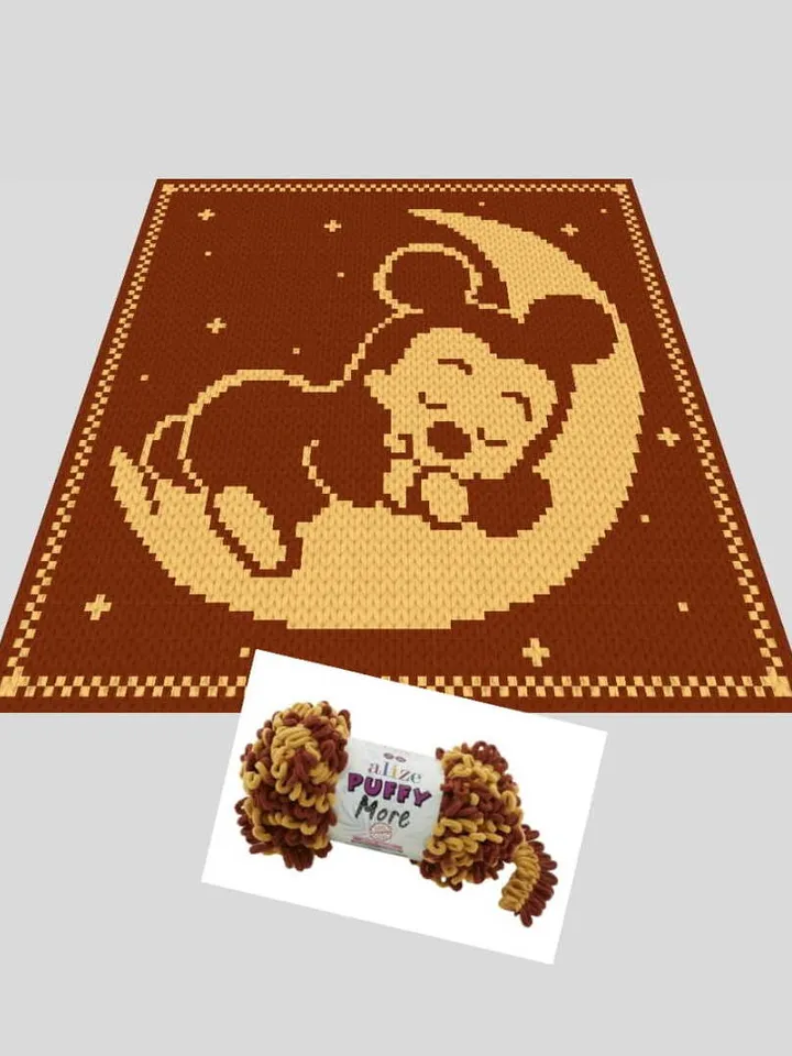 Loop yarn Finger knitted Mickey on the Moon blanket pattern