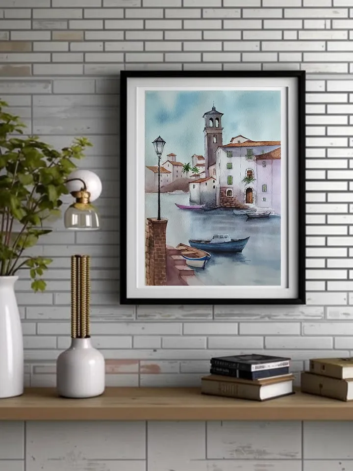 Original Watercolor Painting Venetian Landscape Art Houses on the Canal Artwork Venice Street Picture 27x39 cm by SoftWaves