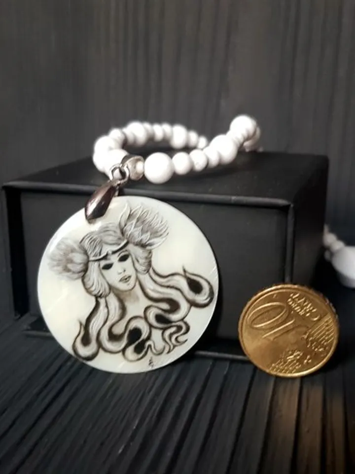 Witch craft necklace with miniature painting. Mermaid, valkyrie on pearl pendant