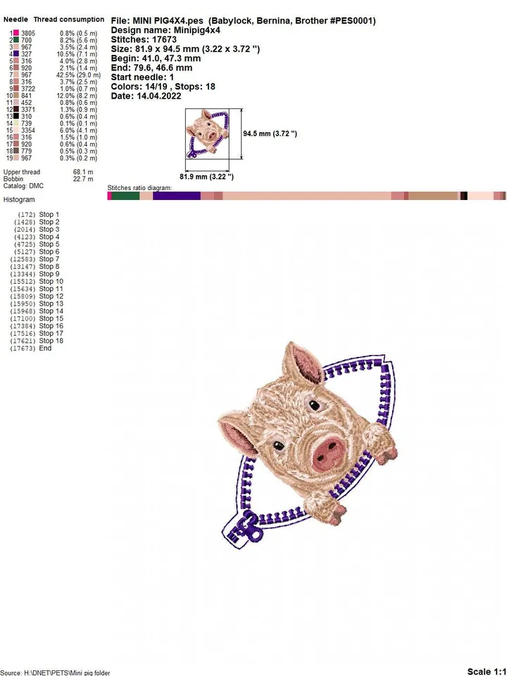 Mini pig in a zipper pocket Miniature realistic machine embroidery design Pet design piglet realistic pattern pig embroidery motif