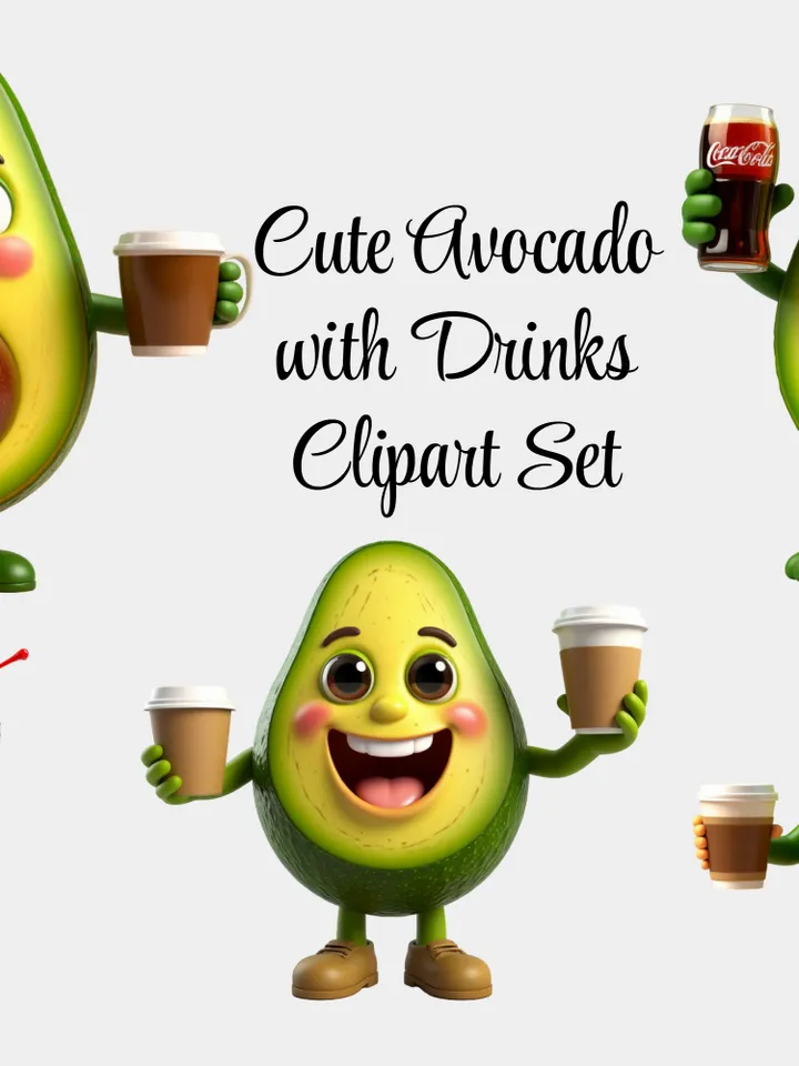 Funny Avocado with Drinks PNG Set