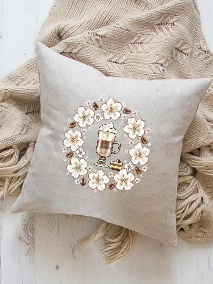 Coffee cross stitch pattern PDF download Latte cross stitch chart, Floral coffee pattern digital PDF, Flower wreath, Coffee lover gift #F19