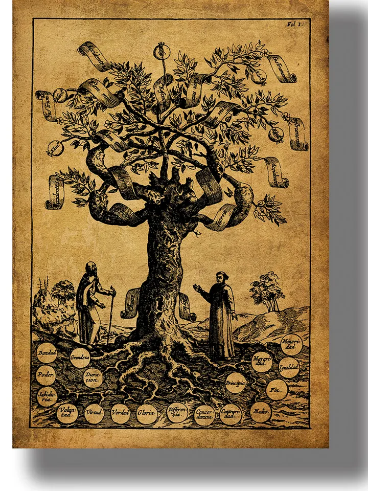 Tree of knowledge. Illustration from mystical book "About the Meek and the Three Wise Men" by Raymond Lulli.