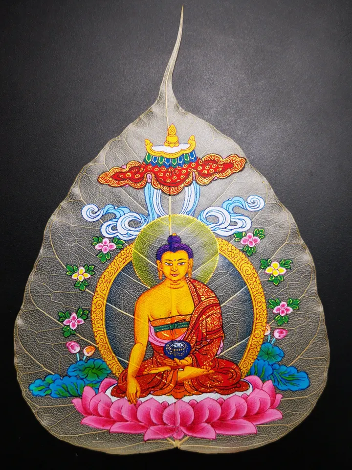 Gandhanra Handpainted Bodhi Leaf Thangka,Packed in Wooden Picture Frame,Painted with Natural Mineral Pigments,Amitabha Thangka