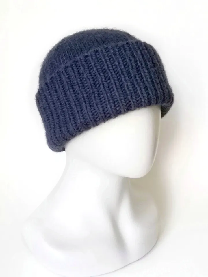 Handmade Alpaca Wool Seamless Blue Men's Winter Hat Warm and Cozy Handcrafted Knitwear, Fold-Up Cuff, Hand-Knit Beanie. FREE SHIPPING!