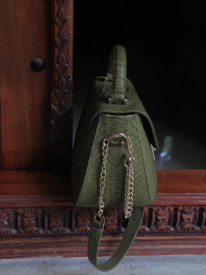 Genuine python top handle bag / designer bag / exotic leather bag / khaki purse exotic leather / snake  print designer classy purse