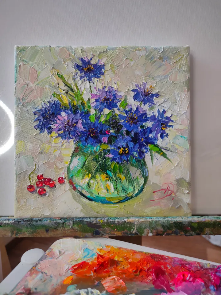 Flowers Bouquet Cornflowers Oil Painting on Canvas on a stretcher 8 by 8 inches Original Work Palette knife by Nata_Lena_Art