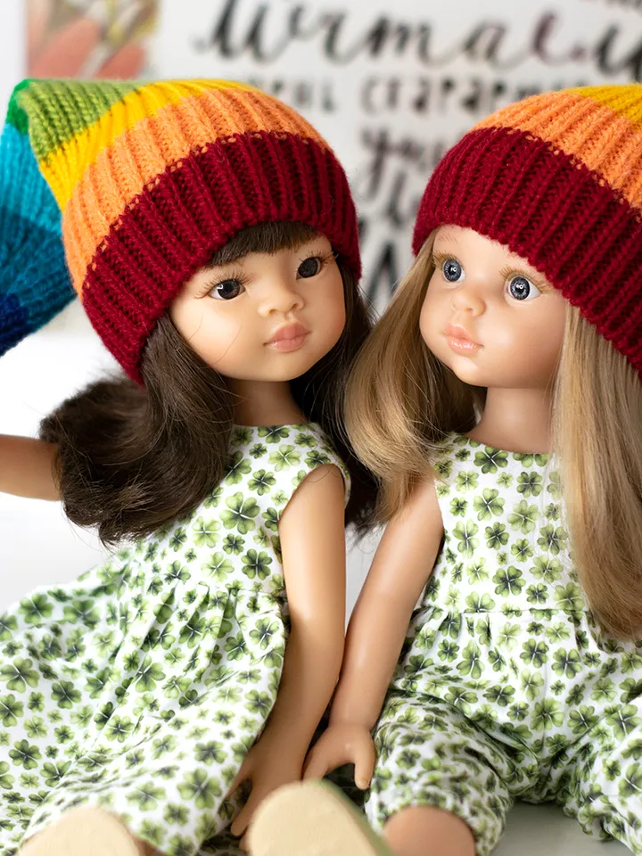 Striped rainbow elf hat for Paola Reina doll, Meadowdolls Dumplings, Little Darling, Siblies RRFF for St Patrick's Day