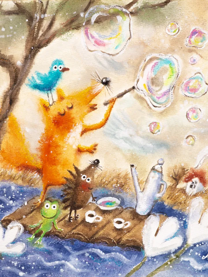 27x27cm Artwork by Julia Schigal "Soap Bubbles" - watercolor, gouache, pastel
