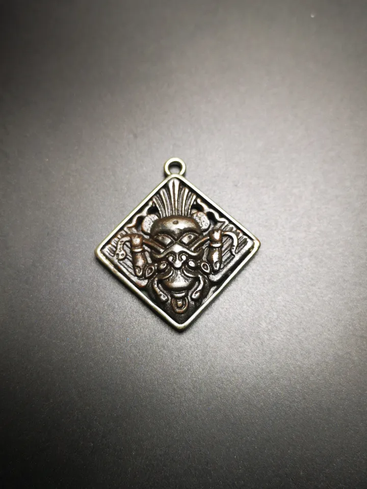 Gandhanra Antique Tibetan Buddhist Amulet,Garuda-the Four Dignities(Garuda,Tiger,Dragon,Lion),Buddhist Talisman,Inlaid with Sliver