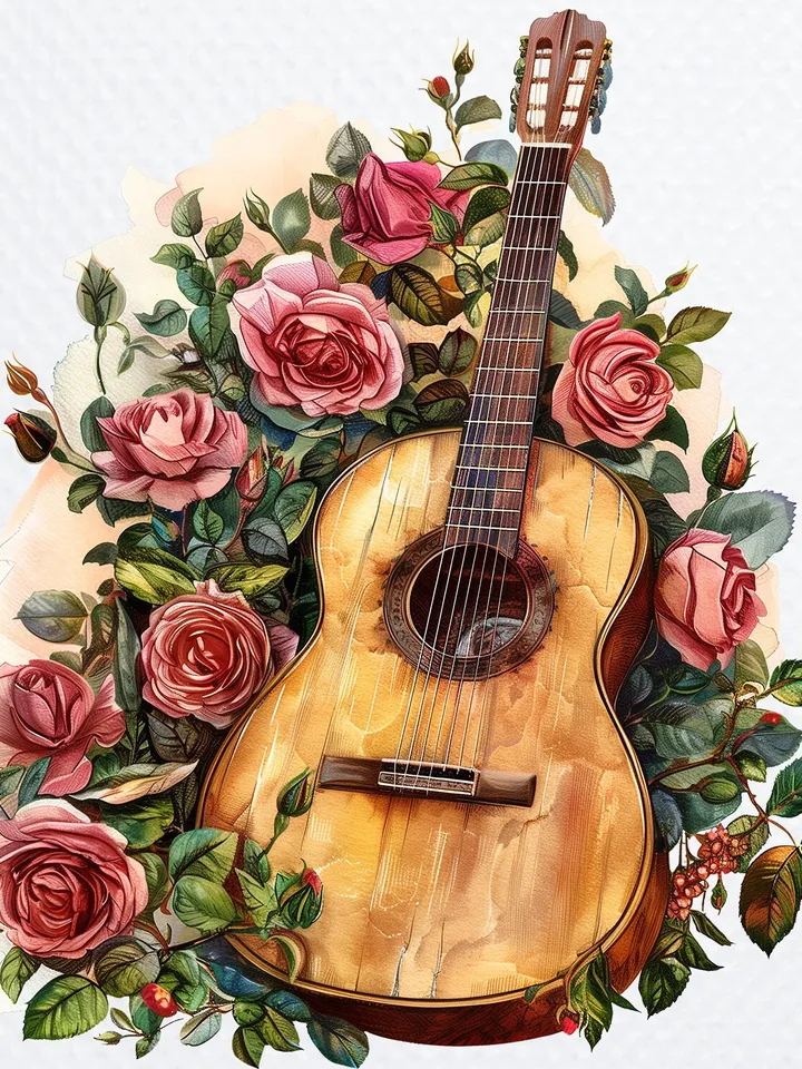 10 Vintage Floral Guitar Clipart, Printable Watercolor clipart, High Quality JPGs, Digital download, Paper craft, junk journals