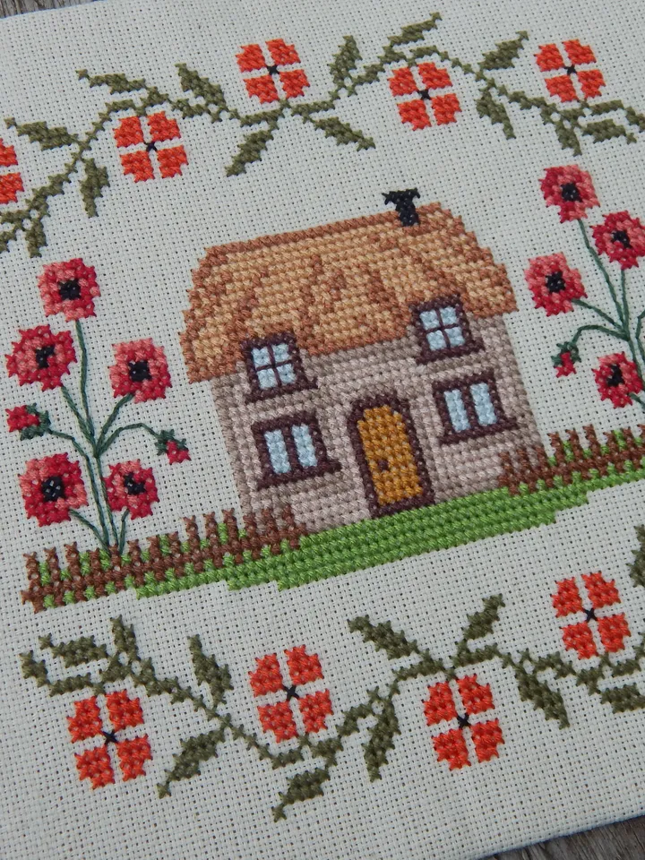 Poppy Cottage cross stitch pattern