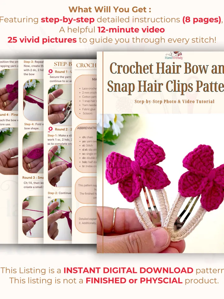 Butterfly Hair Clip Crochet Pattern PDF โ DIY Bow Barrette for Girls โ Easy Handmade Hair Accessory Digital Download Tutorial