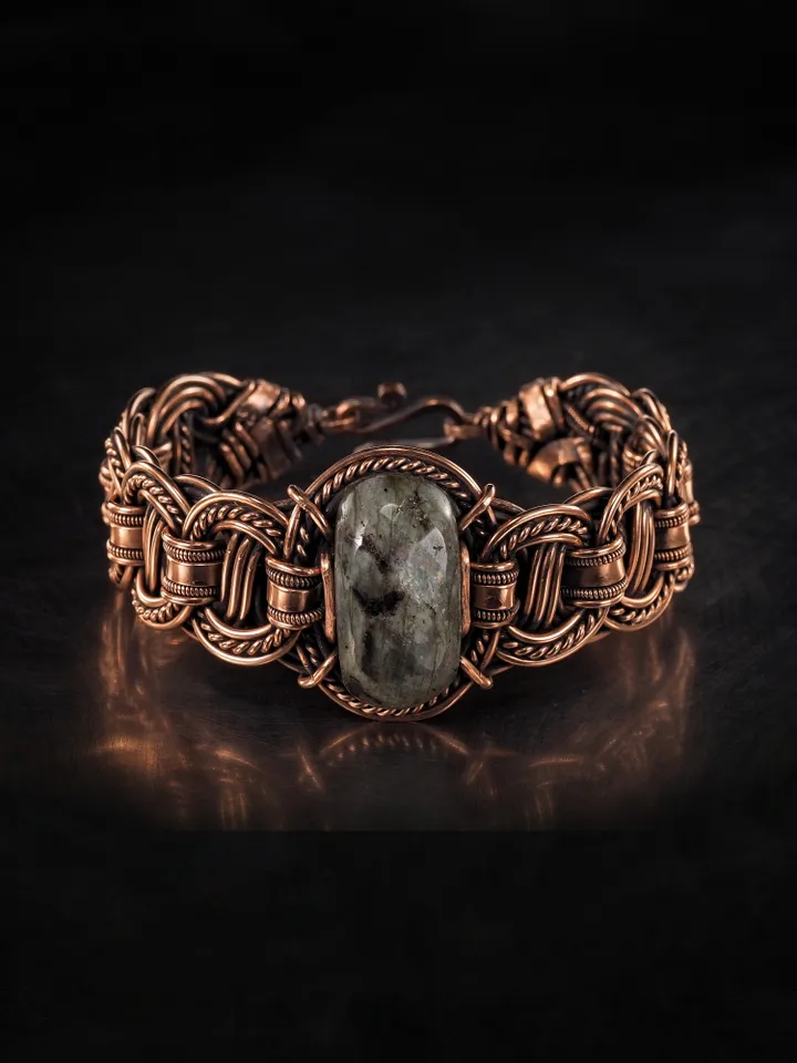 Copper wire wrapped larvikite bracelet Unique bangle 7th Wedding Anniversary