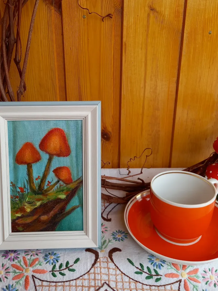 Mushrooms original oil painting 10x15 cm in a frame