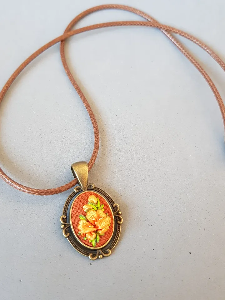 Ribbon embroidered pendant for her, yellow flower jewelry embroidery