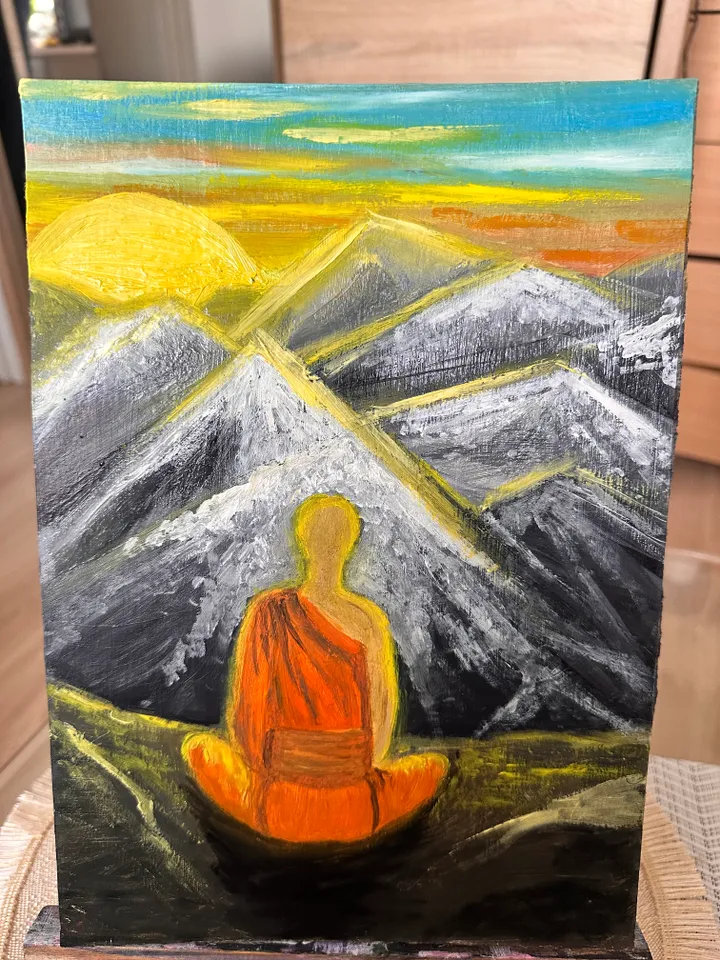 Oil Painting Shaolin Monk Evening Meditation in the Mountains Figurative Male Portrait Mountain Landscape Cardboard 30x21 cm 12x8 inches 3D Image Wall Decor