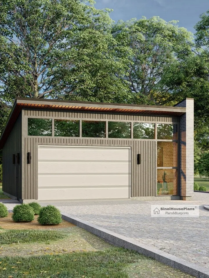 One Car Contemporary Garage Plan,25'-5''x 24' Modern Garage Architectural Blueprint