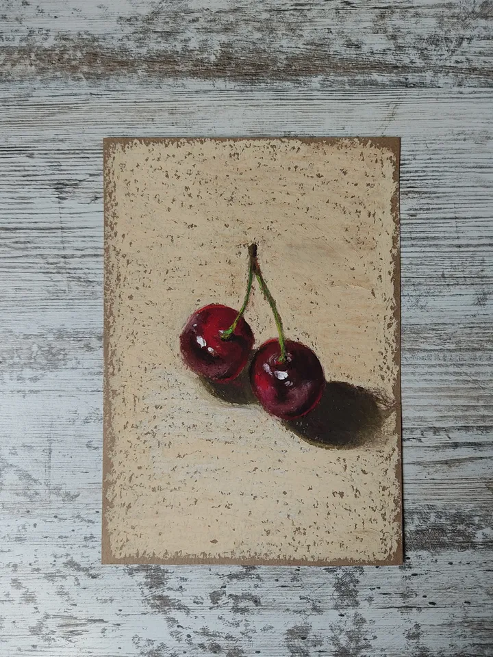 Cherries. Original oil pastel painting.
