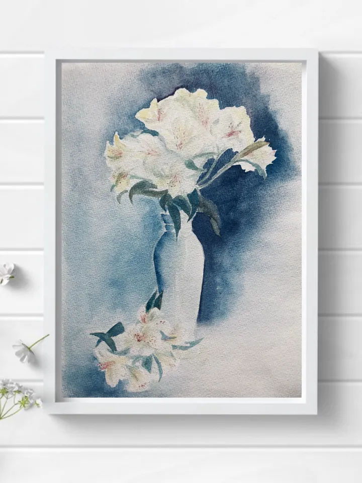 Freesia flowers in vase wall art hand painted modern watercolour painting
