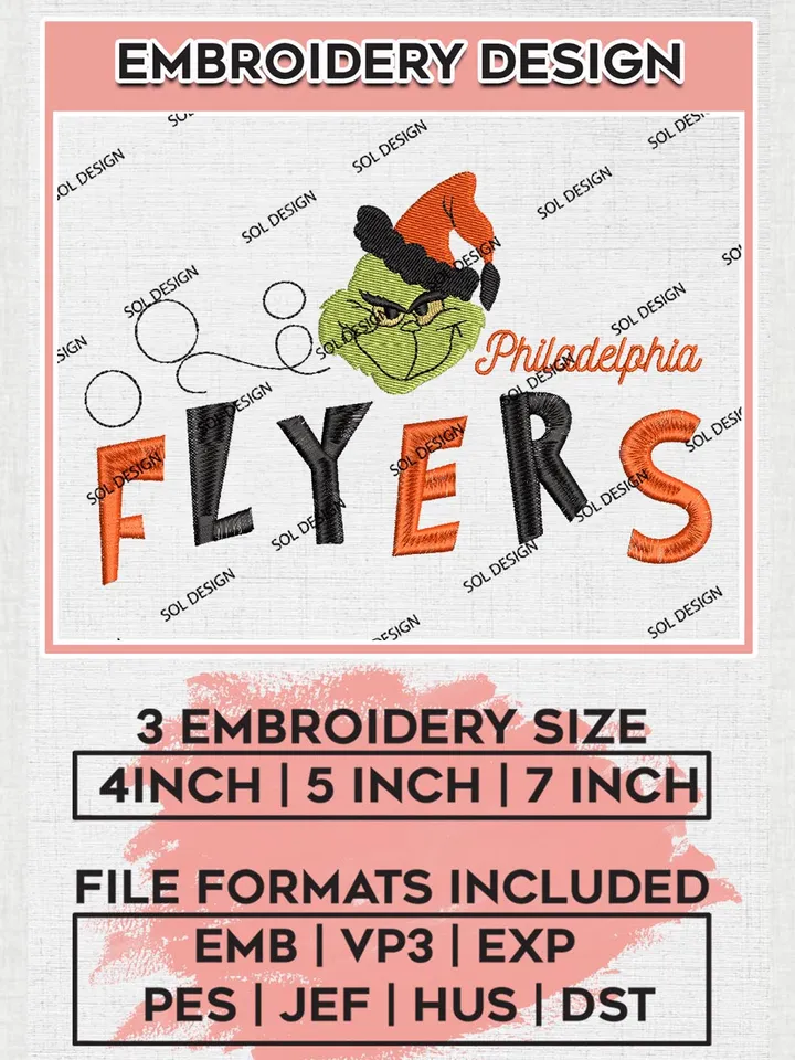 Grinch Philadelphia Flyers Embroidery Designs, Grinch Christmas Embroidery Files, NHL Flyers Machine Embroidery Designs, NHL Philadelphia Flyers Logo, NHL Christmas Machine Embroidery Design, Digital Download