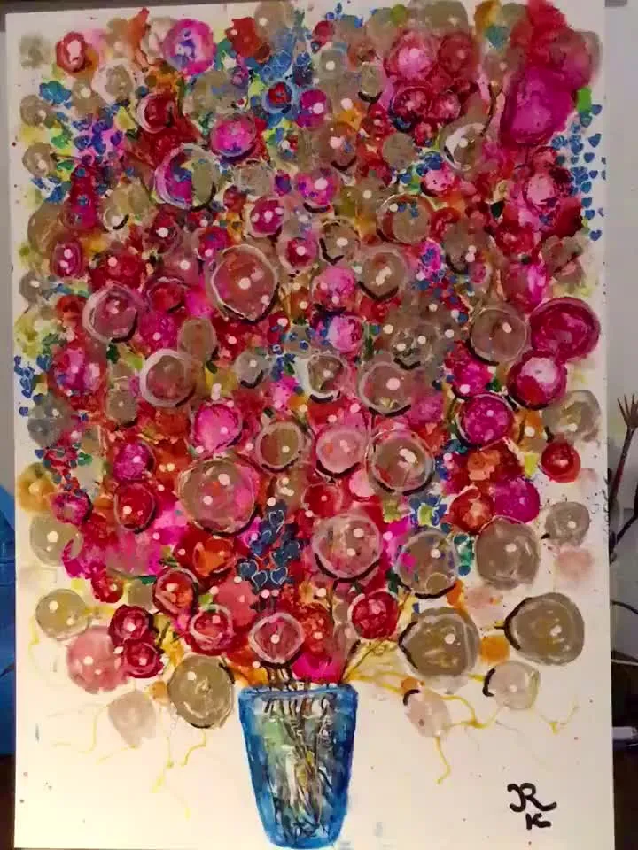 Happy red flowers bouquet,original mix media painting on yupo paper,unique artwork,flowers in a vase painting,wall decoration, special gift.