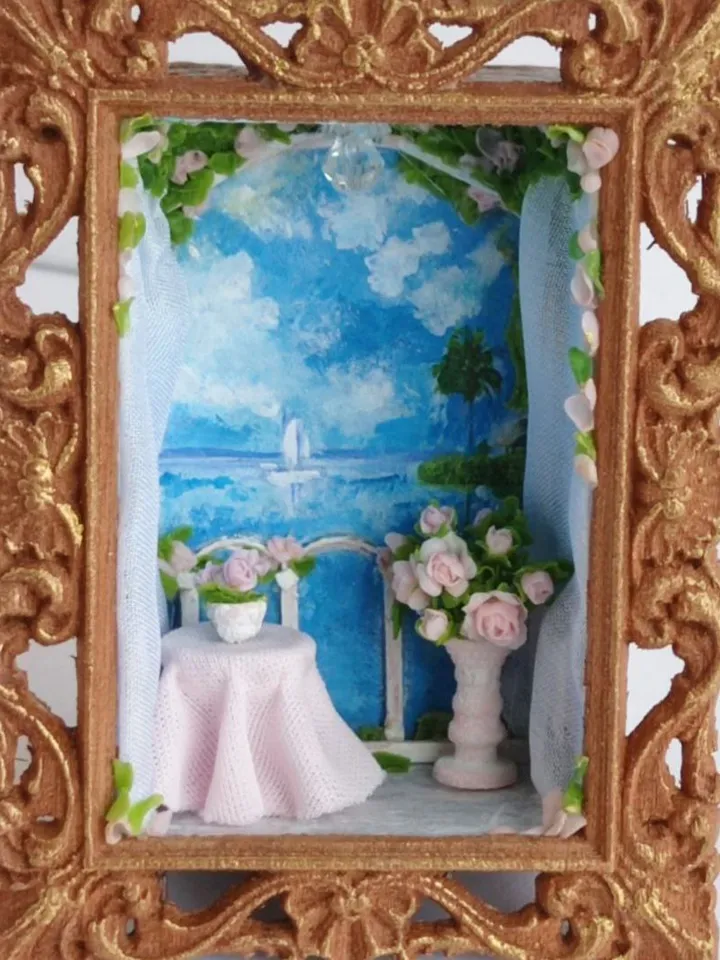 Miniature terrace by the sea, mini rumbox, 1/48 scale miniature dollhouse with furniture and flowers