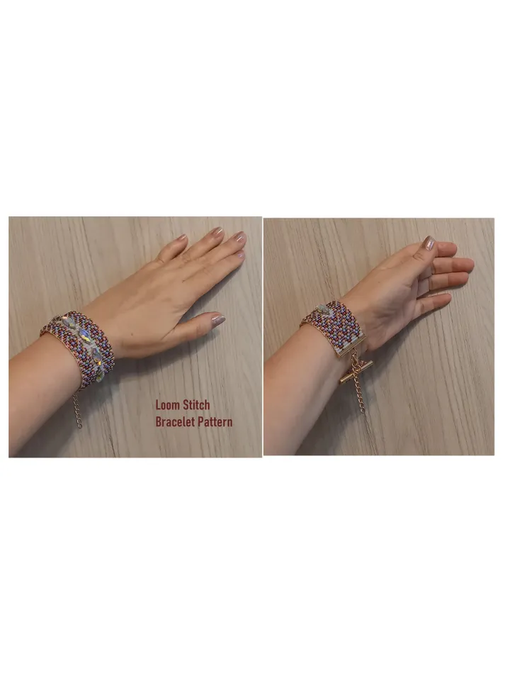 TUTORIAL Cuff Bracelet Loom Stitch, Bead Patterns Bracelet, Seed beads Preciosa and Rhinestones, Instant Download