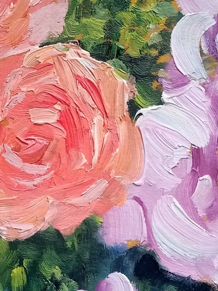 Pink flowers in a vase still life with bouquet original fine art art flowers Rose oil paintingFloral wall decor. Original art. Little art
