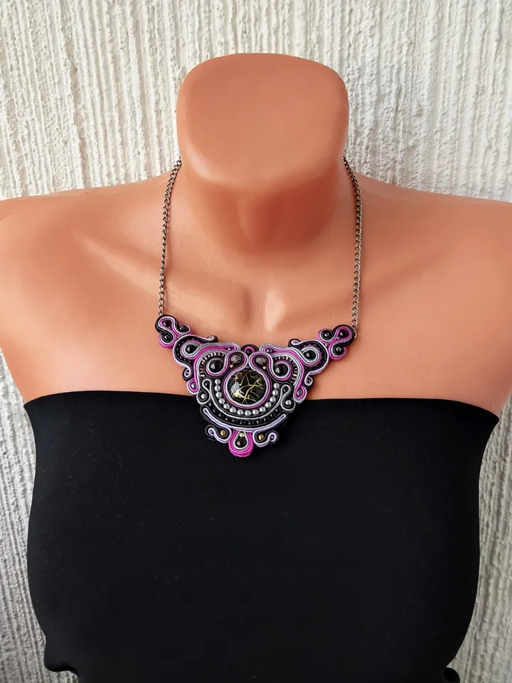 Purple statement necklace, Boho necklace, Soutache embroidered beaded necklace, Bohemian neklace