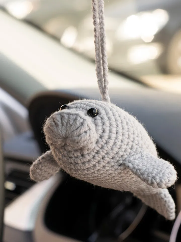 Manatee car hanging accessory for women, rear view mirror charm, cute crochet car pendant, stuffed manatee toy car decor