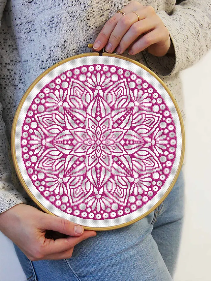 Flower mandala circle cross stitch pattern download PDF Monochrome mandala digital Beginner stitch Floral ornament cross stitch chart #M49