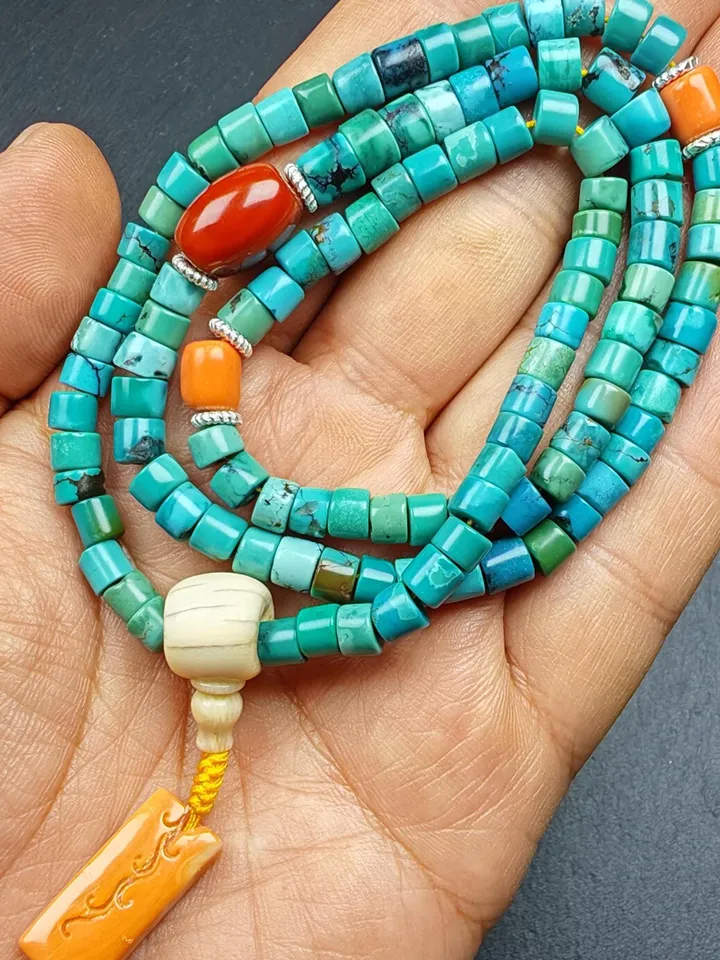 Old 108 6mm Turquoise Beads Bracelet Mala for Women,Gandhanra Tibetan Jewelry Prayer Beads for Meditation Practice,Spiritual Gift