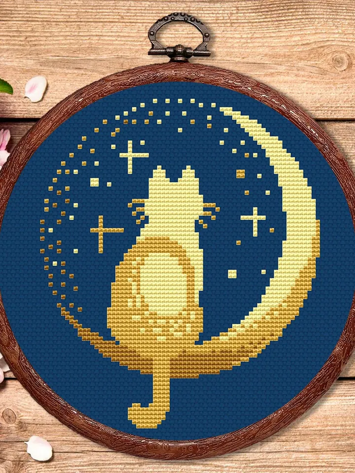 Cat On The Moon Cross Stitch Pattern, Cat Cross Stitch Pattern, Embroidery Cat, Animals Cross Stitch Pattern, Modern Pattern #cat006