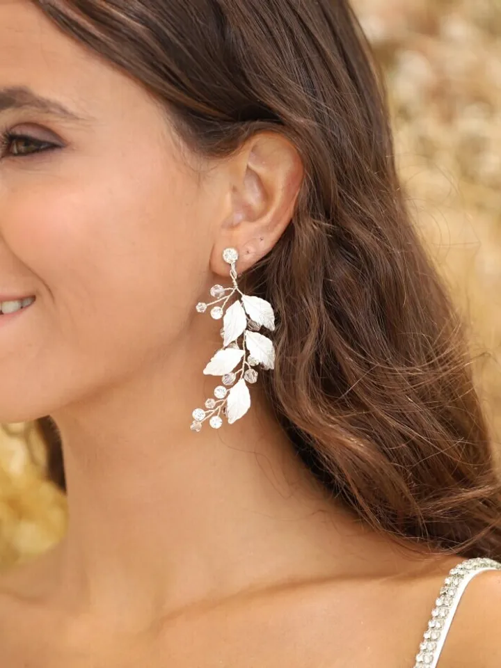 Swarovski Crystal Bridal Drop Earrings | Leaf Wedding Earrings | Boho Crystal Drop Earrings | Rose Gold Crystal Statement Wedding Earrings