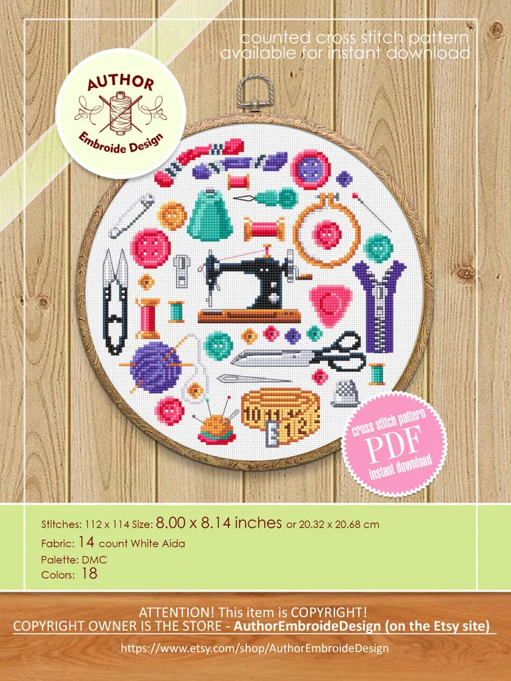 Sewing sampler cross stitch pattern PDF download Sewing accessories cross stitch chart, Simple pattern digital PDF, Sewing room decor #O22