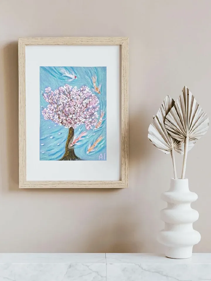 Pastel painting on paper Sakura and fish