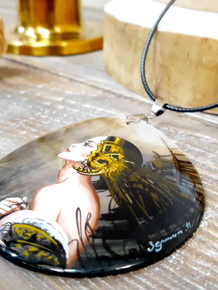 To meet the wind. Mother-of-pearl Russian hand-painted. Hand-painted necklest. MOP. Hand painted miniature painting