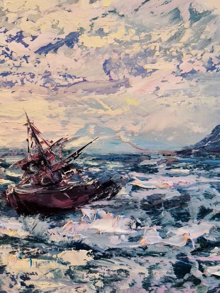Mountains Sea Ship Ocean Sunset Original Art Oil Painting Artist Svinar Oksana
