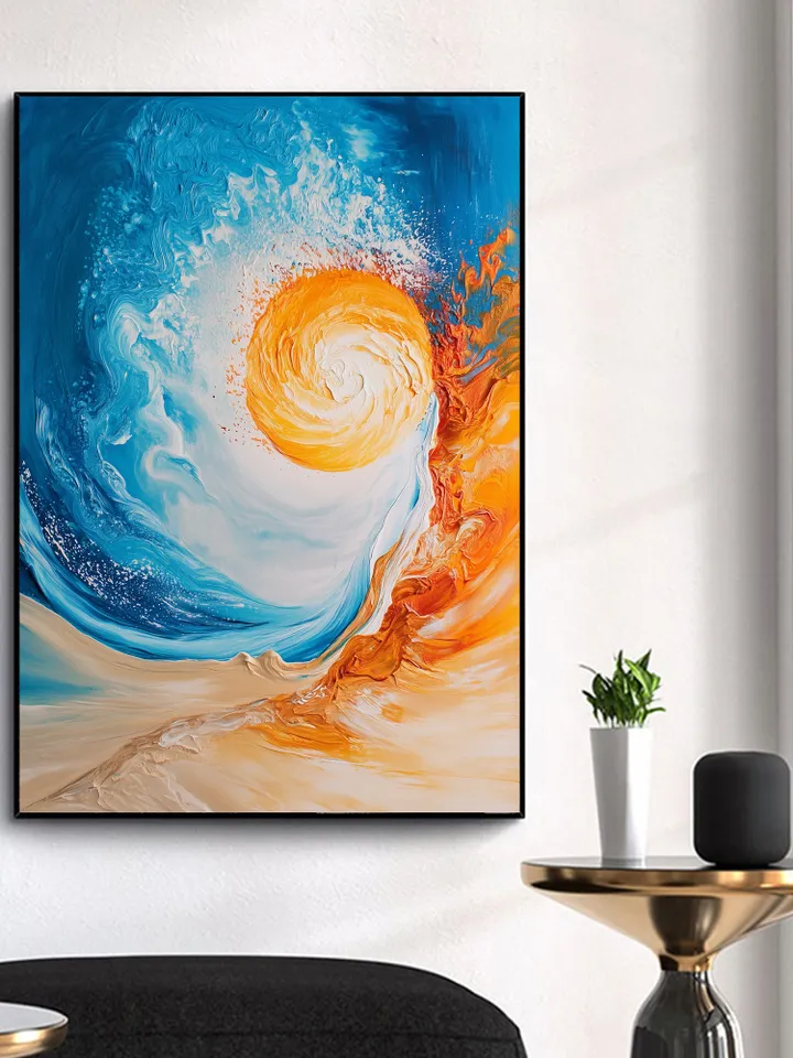 Hand-Painted Abstract Oil Painting | Vibrant Sun and Ocean Art | Stunning Blue and Orange Wall Decor for Modern Living Room
