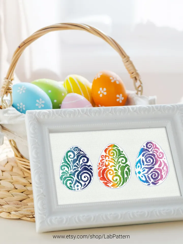 Happy Easter Egg Set 3 cross stitch pattern Spring Bunnies Family boy girl nursery decor, counted, chart, gift DIY, embroidery, instant PDF