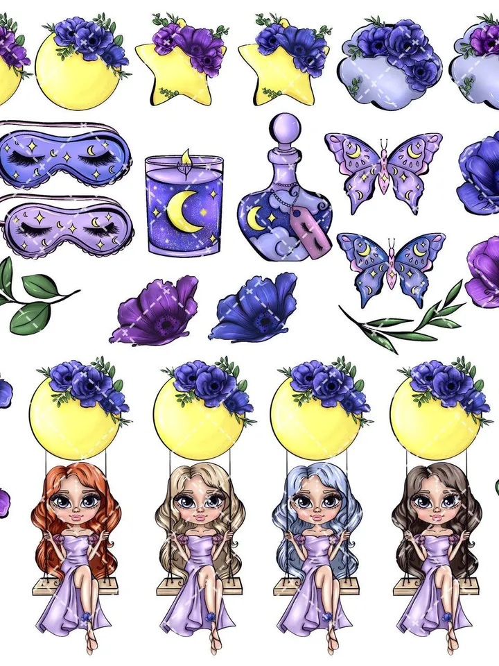 Magic Girl Clipart, Moon Child Clipart, Mystic Celestial Clipart, Spiritual graphics, Enchanted Fairy Forest Clipart, Purple Witch Clipart