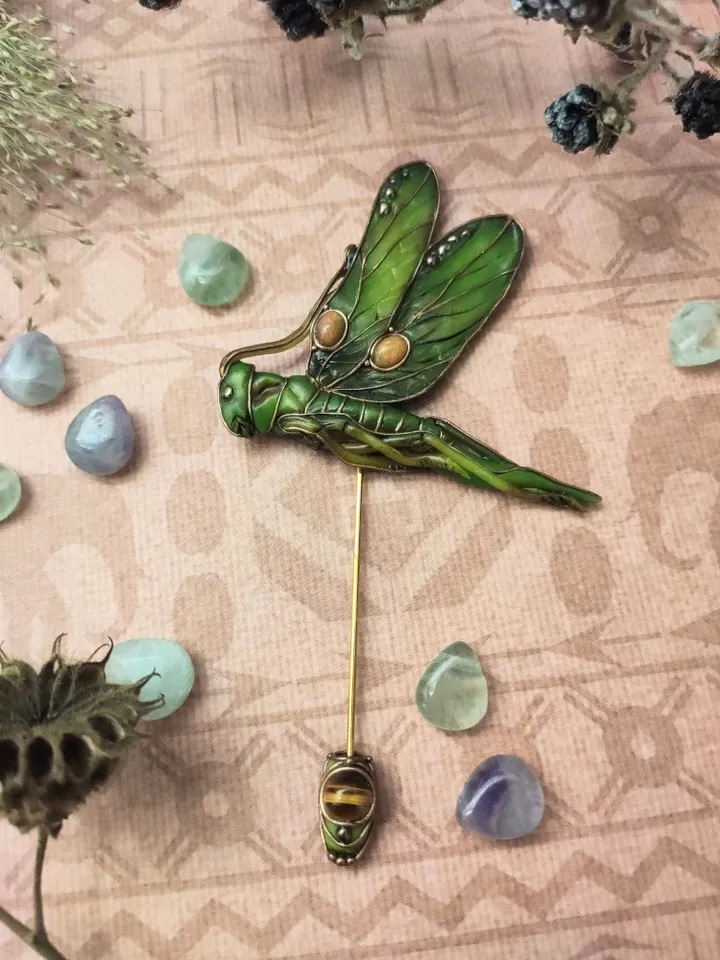 Grasshopper pin, Grasshopper brooch,Green insect pin