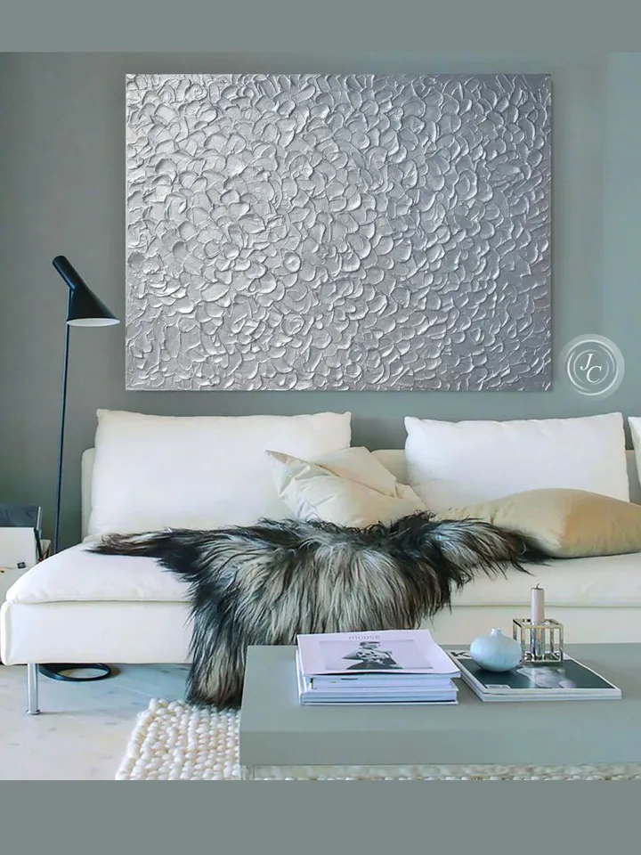 Silver Abstract Wall Art Glittery Silver Painting Textured artwork | Living room wall art Light Silver home decor